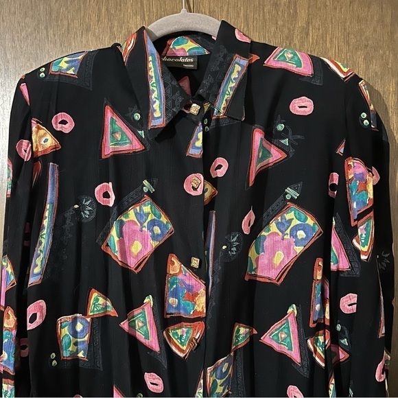 Vintage Chocolates 8 Retro Geometric Black Bright Print Button-Down Blouse - Picture 3 of 12